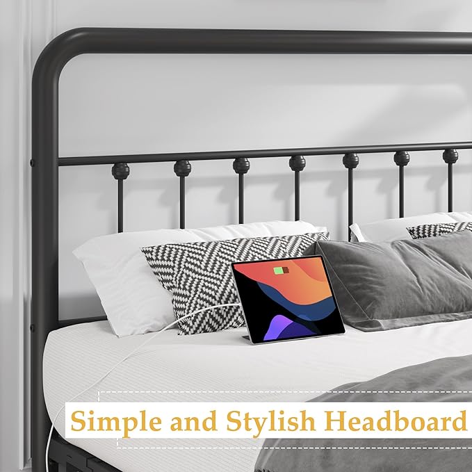 Fluest 14 Inch Twin Bed Frame Classic Metal Platform Bed Frame with Charging Station & LED, Victorian Style Iron-Art Headboard/Footboard, Under Bed Storage, No Box Spring Needed, Noise Free