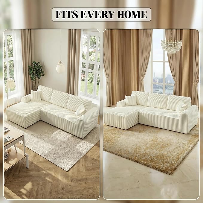 109“L-Shaped Sectional Sofa Boneless Couch Upholstery Cloud Modular Couch with Chaise No Assembly Required Corduroy Fabric Combination Deep Seat Living Room Bedroom (Cream, Left Hand Facing)