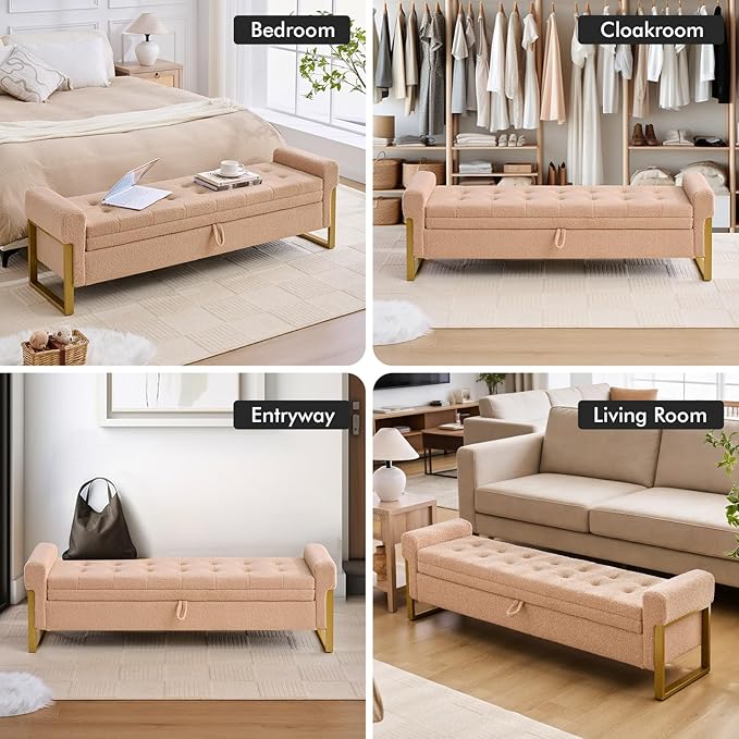 67" End of Bed Storage Bench King Size, Bench for Bedroom Foot of Bed, Upholstered Storage Ottoman with Gold Legs for Window Living Room, Teddy Camel