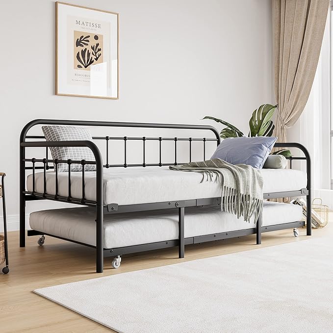 JURMERRY Metal Daybed Frame with Trundle Twin Size Heavy Duty Steel Slats Support Platform Furniture,Textured Black…