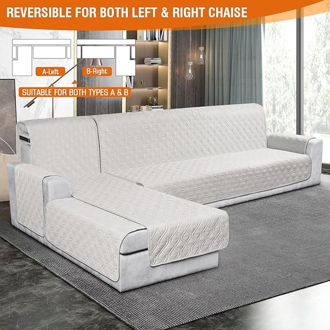 VANSOFY Sectional Couch Covers 100% Waterproof L Shaped Sofa Slipcover 3pcs Reversible Chaise Lounge Cover for Sectional Sofa Furniture Protector Cover for Pets Dog Cat(X-Large, Off White)