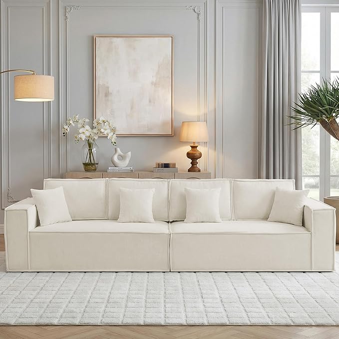108'' Comfy Chenille Boneless Couch, Oversized Modular Sectional 4 Seater Sofa, Modern Deep Seat Corner Cloud Compressed Couch, No Assembly Sleeper Sofa with Chaise for Living Room, Beige