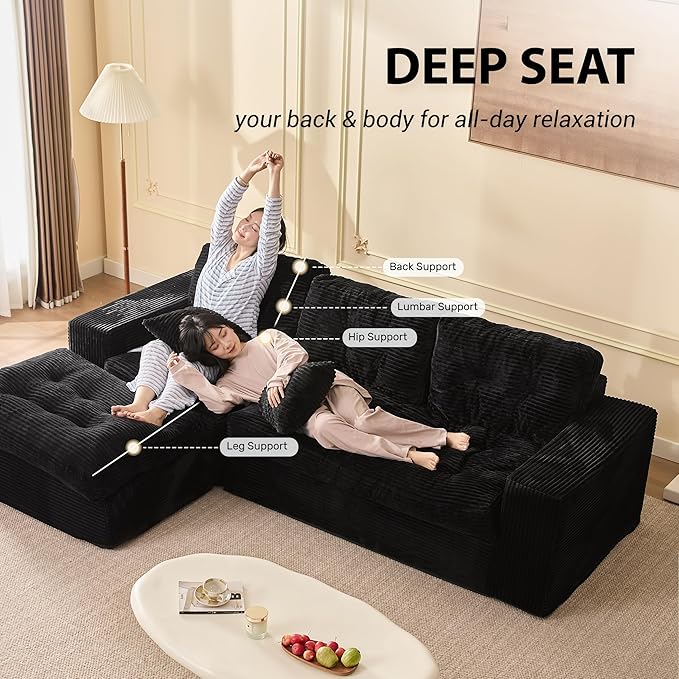 Modular Sectional Sofa, 102” L-Shaped Corduroy Couch with Ottoman, Deep Seat Comfy Sectional for Living Room, Set of Soft Upholstered Cloud Couch for Apartment, Black