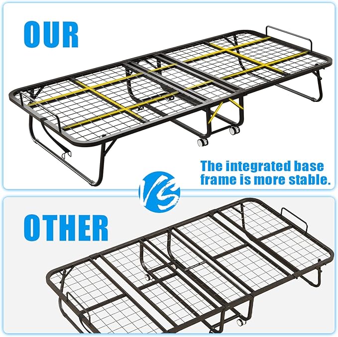 Folding Bed with Mattress for Adults, 75" x 38" Twin Size Rollaway Bed with Memory Foam Mattress, Portable Foldable Guest Bed with Metal Frame, Deluxe Single Bed for Side Storage Pocket