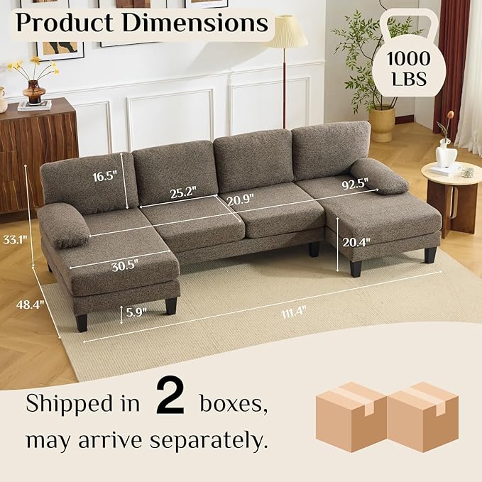 Karl home 110" U-Shape Sectional Couches for Living Room Chenille Upholstery 4 Seat Sofa Set with Double Chaises & Wood Grain Legs for Apartment, Brown