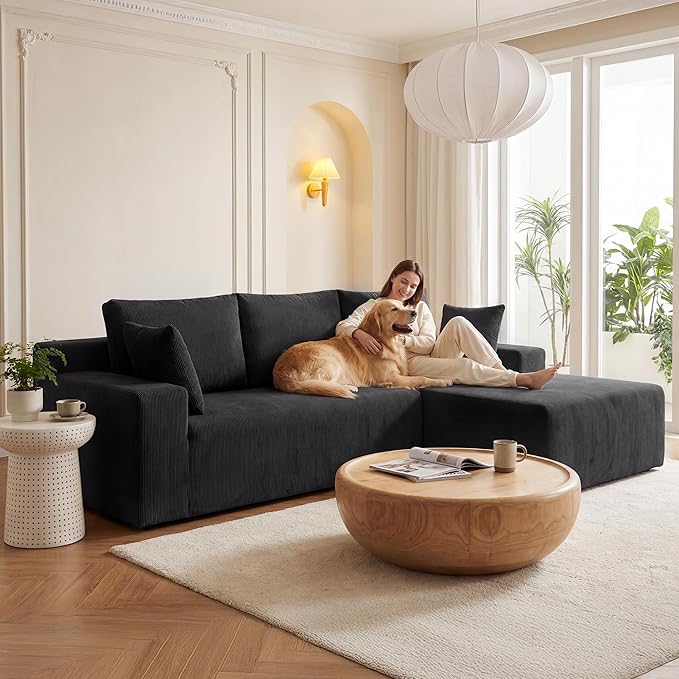 Cloud Sectional Boneless Couches for Living Room, Modular L Shaped Couch with Deep Seat Oversized Right Facing Chaise, Memory Foam Compressed Spineless Sofa for Bedroom, Fine-Striped Black | Washable Covers, Flexible Modular, High-Resilience Foam, Cat-...