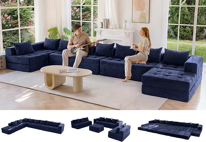 MAXYOYO Modular Sectional Sofa Couch, Foldable Oversized U Shaped Cloud Couch with Pillows, Tufted Boneless Sleeper Lounger Floor Sofa Bed for Living Room, No Assembly Required, Navy