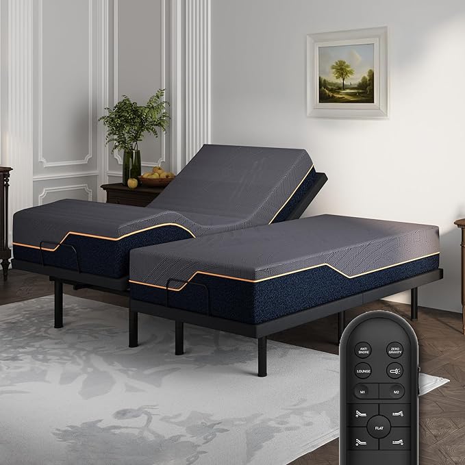 Dyonery Split King Adjustable Bed Frame with Mattress, 14 Inch Copper-Gel AeroFusion Memory Foam, Head & Foot Incline, 750lbs Lift Capacity, Powerful Quiet Motor, 5 Minutes Tools-Free Assembly
