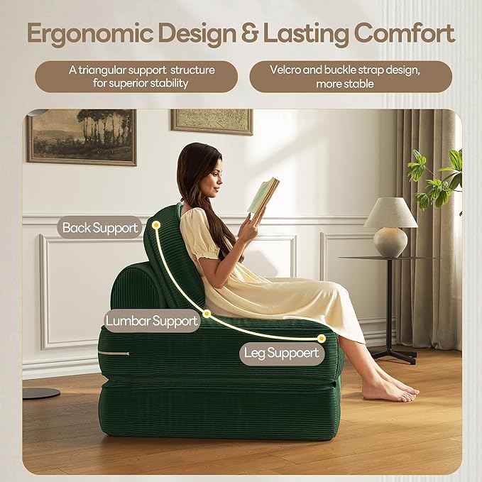 Dowinx Folding Sofa Bed with Pillow, Convertible Comfy Couch Bed for Adults Home Lounge and Gaming, Modern Comfortable Design for Apartment Living Room Bedroom, Single, Ribbed Velvet, Green