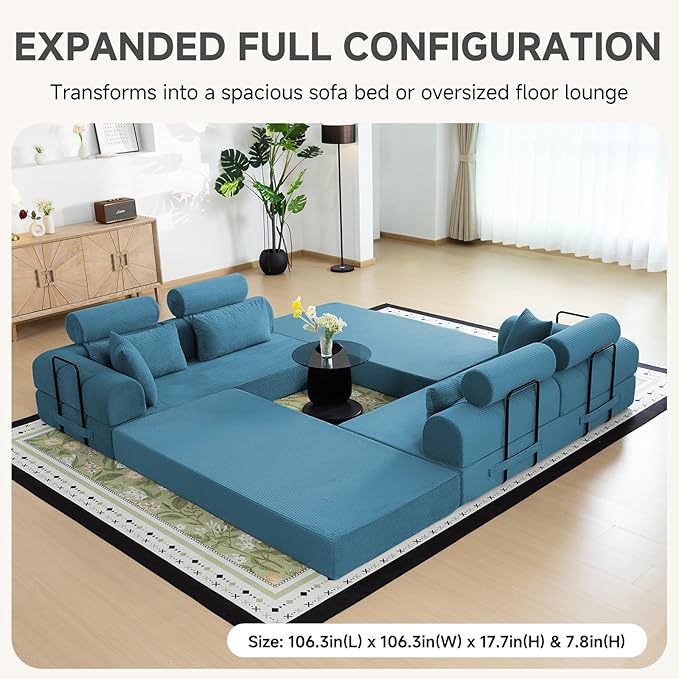 Boneless Sectional for Small Spaces, 106” L Shaped Couch From Two 70.87” Modules, Reconfigures to 141.7” Straight Sofa, Corduroy Compressed Couch in a Box With Headrest Back Pillows, Light Blue