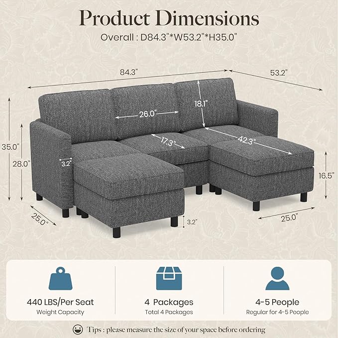 Belffin 84.3" 5 Seats U Shaped Couch Modular Sectional Sofa Washable Sectional Couches for Living Room Comfy Couches with Storage Seat Couch Sofas with Chaise,Grey
