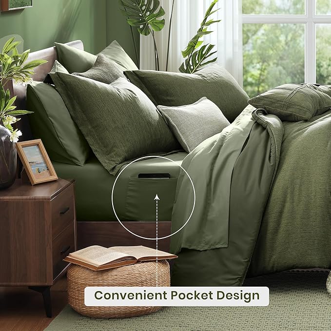 Monbix Oversized King Comforter Set - 7 Pieces Cationic Dyeing Olive Green Bed in a Bag Bed Sets with Comforter, Sheets, Pillowcases & Shams, Reversible Bedding Comforters Sets (120 * 98)