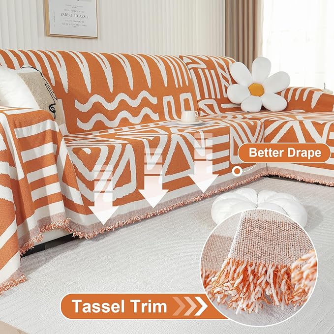 OstepDecor Boho Sectional Couch Covers 2 Pieces, L Shaped Sofa Cover, Chenille Couch Cover for Dogs Washable, Couch Cover Blanket, Sofa Slipcover for 2-3 Cushion Couch (71"x110"+71"x118", Orange)