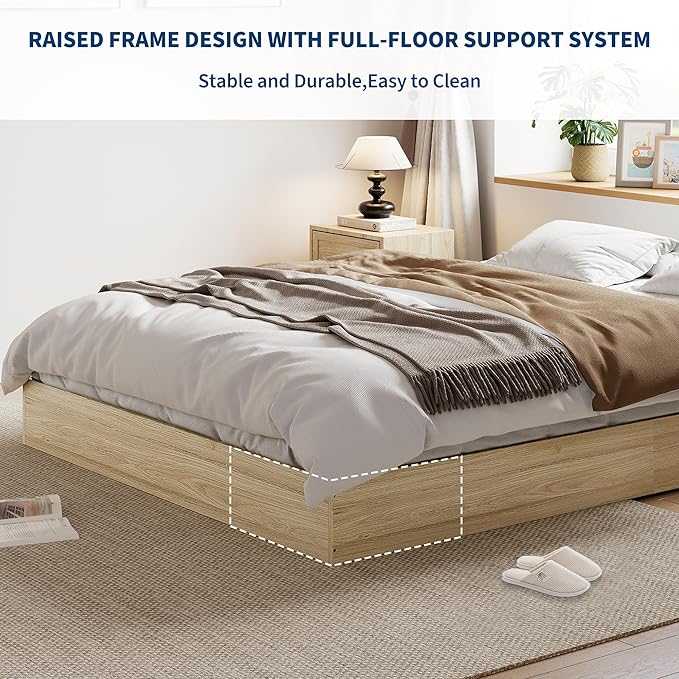 Wood Platform Bed with Sturdy Wooden Slats, Queen Size Floor-Standing Bed Frame, Modern Minimalist Design Bed Frame, No Box Spring Needed, Easy Assembly