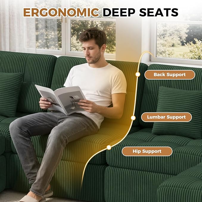 144" U Shaped Cloud Boneless Couch,Modern Modular Sectional Sofa with Layered Cushion,No Assembly Convertible Corduroy Couches for Living Room,Green 1 PCS