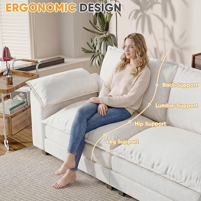 158.6'' Sectional Cloud Couch with 4 Seats & Wide Armrests, Oversized Linear Sofa with Double Layer Cushions, Comfy Chenille Couches for Living Room and Apartment (White, Linear Sofa)