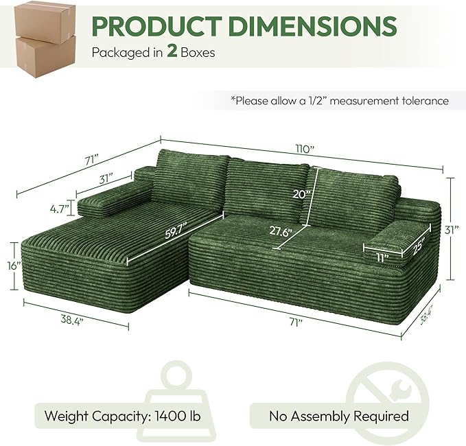 Yaheetech 110" Modular Sectional Sofa Corduroy Boneless Couch with Chaise L-Shape Cloud Couch with Detachable Pillows No Assembly Sofa for Living Room, Green