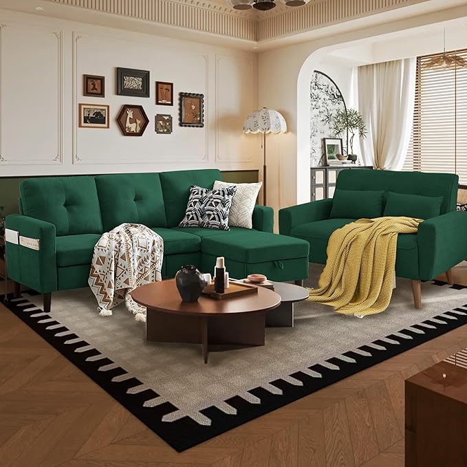 Convertible Sectional Sofa Set, Small L Shaped 3-Seat Couch with Reversible Chaise and Accent Chair, Modern Polyester Sofas Couches for Living Room, Green | L Shaped 3-Seat, Reversible Chaise, Accent Chair, Modern, Polyester, Living Room