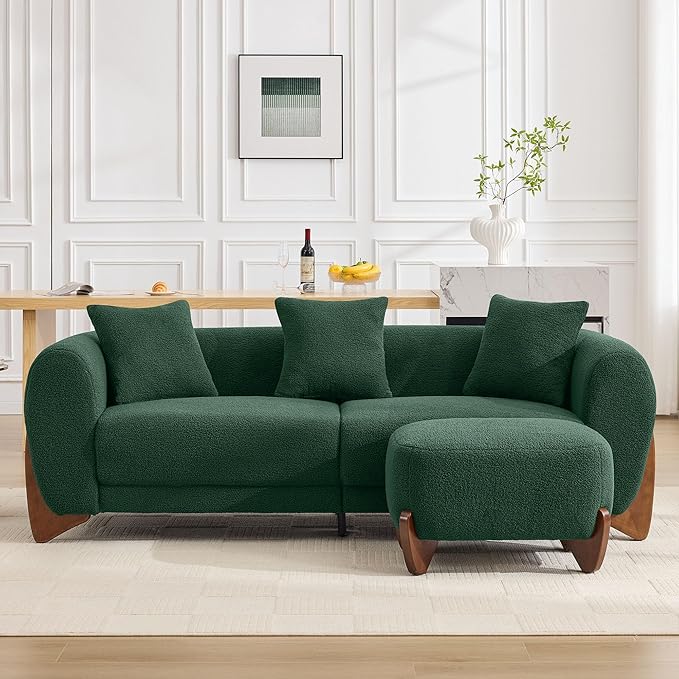 87" Sherpa Boucle Cloud Couch with Ottoman, Modern 3 Seater Sofa with Solid Wood Legs 25" Extra Deep Seat Comfy Thick Cushion Upholstered Sofa Couches with 3 Pillows for Living Room, Green