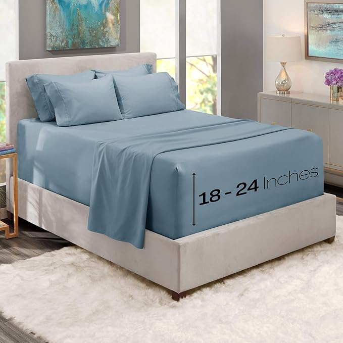 Hearth & Harbor Bed Sheets, Luxury Soft 6 Piece Bed Sheet Set Extra Deep Pocket Fitted Sheets Fits Mattress up to 21", Double Brushed Bedding Sheets & Pillowcases, Split King, Soft Blue