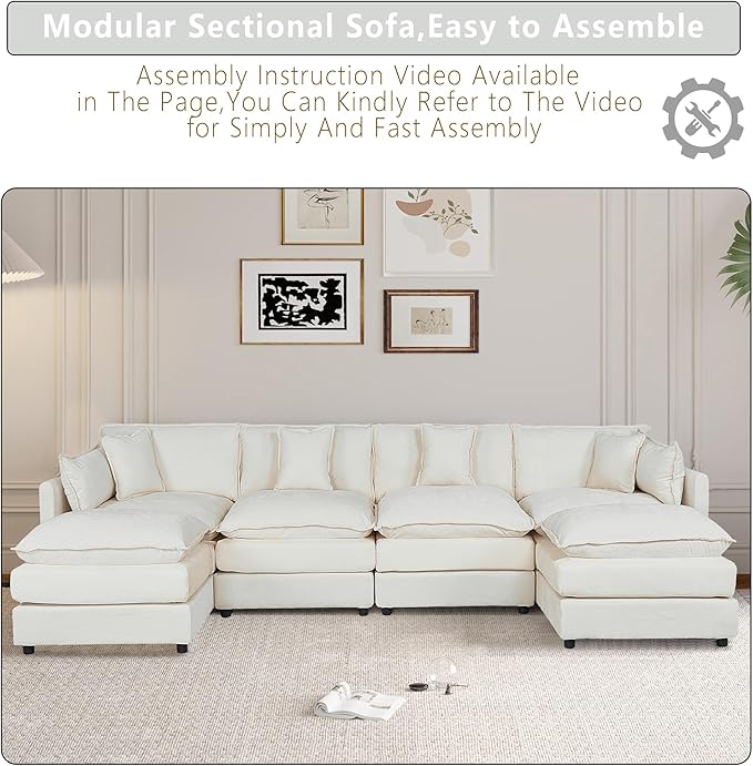 Setawix Deep 4 Seater Couch with Ottomans,147.22" U-Shaped Cloud Couches for Living Room,Chenille Cloud Sofa Couch with Foorest,Modular Sectional U Shape 4 Seat Sofa for Bedroom (Beige, 4+2)