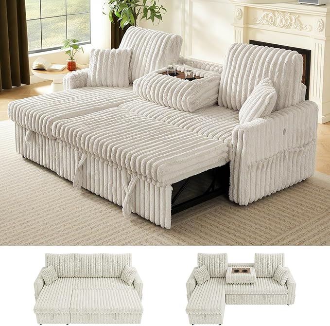 Sleeper Sofa Bed, 81” Pull Out Couch Bed, 3 in 1 L-Shaped Couch with Charging Station, Cup Holder, Side Pocket, Couches for Living Room(Plush Beige)