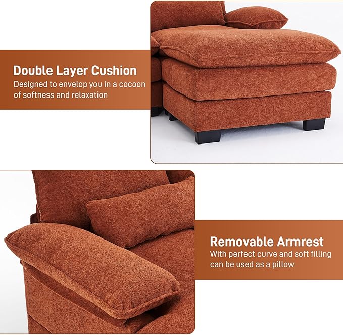 113" Cloud Couch Sectional Modular Sofa U Shaped Sectional Couches for Living Room Comfy 5-Seater Deep Seat Couch Chenille Cloud Sectional Sofa with Movable Ottoman & 4 Pillows, Orange