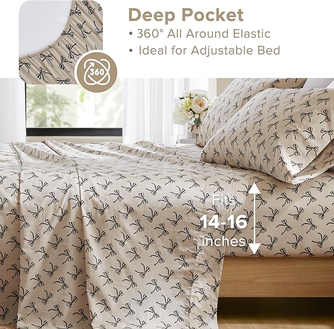 Comfort Spaces 100% Cotton Sheets King, Breathable, Naturally Cool Cotton Sheets, Soft Cotton Bed Sheets with 14" Elastic Pocket Fits up to 16" Mattress, All Seasons Sheet Set, Bow Black/Taupe 4 Piece