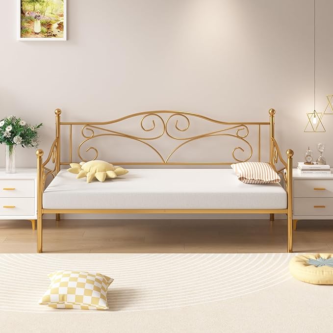 VECELO Daybed Frame, Twin Size Metal Platform Bed with Headboard,Heavy Duty Steel Slats Support for Living Room Bedroom Guest Room, Easy Assembly