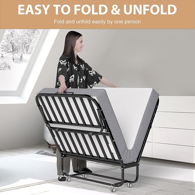 Decofy Folding Bed with Memory Foam Mattress, Portable Rollaway Guest Beds on Wheels, 75"x38" Twin Size Space-Saving Cot-Size Bed for Adults with Easy Assembly Metal Frame (White)