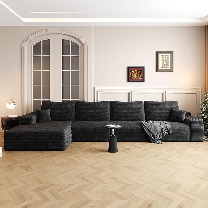 136" Sectional Couches for Living Room Cloud Couch Sofa with L-Shape Upholstered Boneless Couchs Modern Modular Sectional Couch with Chaise (Black, 136" Left Facing Chaise+3Seaters)