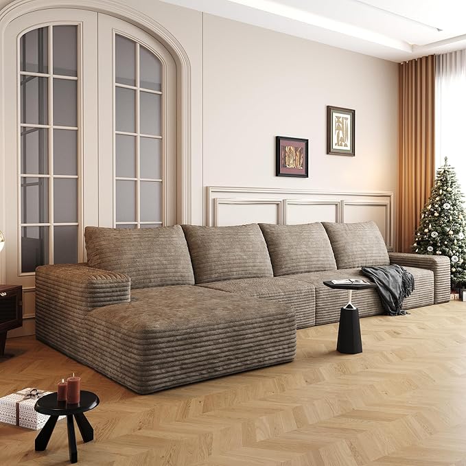 136" Sectional Couches for Living Room Cloud Couch Sofa with L-Shape Upholstered Boneless Couchs Modern Modular Sectional Couch with Chaise (Camel, 136" Left Facing Chaise+3Seaters)