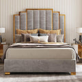 AMERLIFE Queen Size Upholstered Bed, Modern Velvet Bed Frame with 61.4” Tall Gold Trim Headboard, No Box Spring Needed, Grey