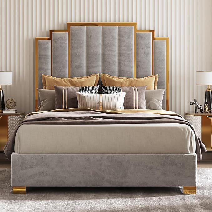 AMERLIFE Queen Size Upholstered Bed, Modern Velvet Bed Frame with 61.4” Tall Gold Trim Headboard, No Box Spring Needed, Grey
