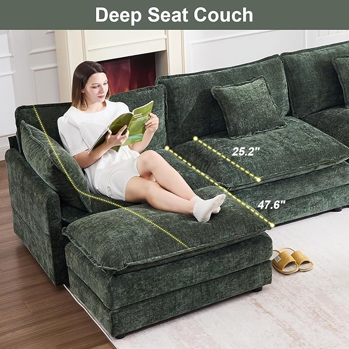 Modular Sectional Sofa with Ottoman, 76.7" Modern L Shaped Sectionals Cloud Couch, Comfy Couch Loveseat, 3 Seat Chenille Deep Seat Sofa with Pillow for Living Room,Bedroom Apartment,Small Spaces-Green