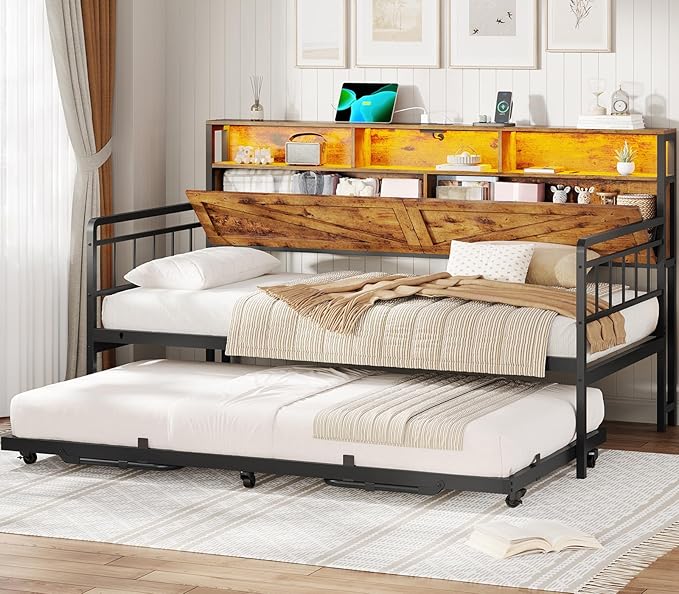 VIAGDO Day Bed with Trundle Bed Twin, Wood Day Bed with Hidden Storage Headboard, Farmhouse Daybed with Charging Station and LED Lights, Twin to King Daybed for Living Room, Guest Room, Rustic Brown
