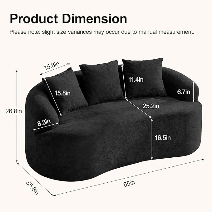 65" Boneless Curved Loveseat Sofa, Deep Seat Love Seat Couches, Modern 2 Seater Curved Couch with 3 Throw Pillows, Compressed Floor Sofa for Living Room Small Spaces, No Assembly, Black
