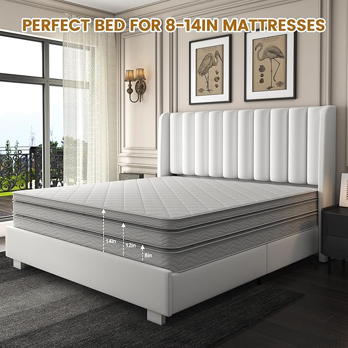 King Size Upholstered Lift Up Storage Bed Frame with 51.2" Tall Headboard, Velvet Wingback Tufted Design, Wood Slats Support, No Box Spring Required, Noise-Free Double Low Bed Frame (King,White)