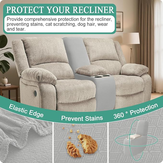 Waterproof Reclining Sectional Couch Covers Washable L Shaped Couch Cover for Sectionals Recliner Sofa Covers Stretch Corner Recliner Slipcovers for Dogs (Console Cover, Silver Gray)