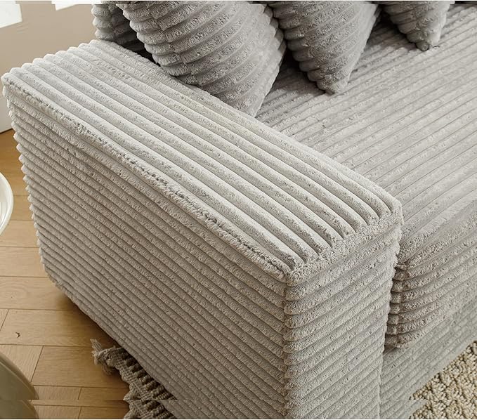 111 Inch Corduroy Sectional Couches for Living Room | L-Shaped Sectional Couch with 8 Pillows | Cloud Couch with Deep Seat | Solid Wood Frame Sofa Light Grey (Right Facing Chaise)
