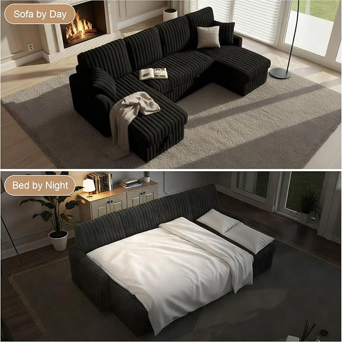 104" U Shaped Sleeper Sofa Bed, Sectional Couches for Living Room, Plush Corduroy Pull Out Couch Bed with Storage, Modular Sectional Couch with Charging Station, Cup Holder, Side Pocket, Black