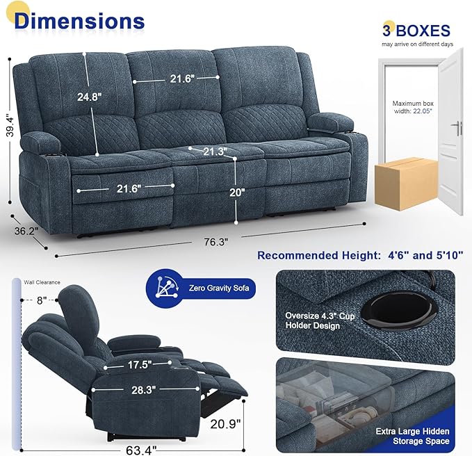 3+1+1 Manual Recliner Sofa, Maximum Load Capacity 2250lbs & Ergonomics Design, Multi-Functional Middle Seat & Home Theater Seating with Removable Armrest and Storage for RV Living Room (Fabric,Blue)