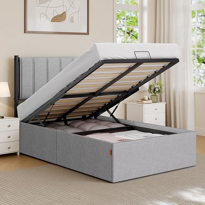 VASAGLE Lift Up Storage Bed Frame Twin Size, Hydraulic Platform Bed, with Upholstered Headboard, 550 lb Weight Capacity, No Box Spring Needed, Easy Assembly, Modern, Dove Gray URMB603G01