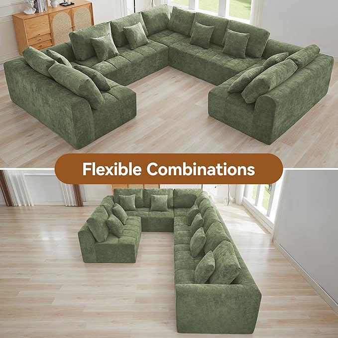 140''Modular Sectional Couches for Living Room, Cloud Boneless Compressed Sectional Sofa, Oversized U Shaped 9 Seater Upholstered Memory Foam Sofa, No Assembly, Chenille Green