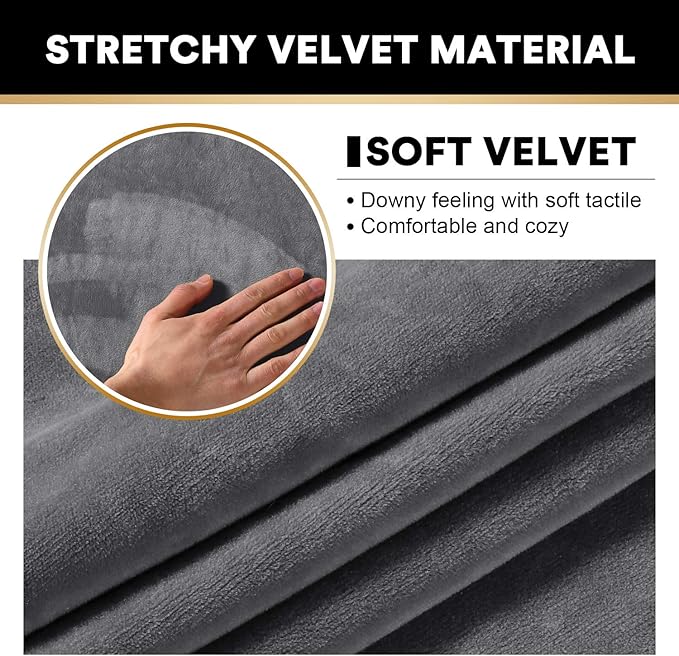 PrinceDeco Velvet Couch Covers for Sofa Soft 4 Pieces Couch Covers for 3 Cushion Couch Sofa Pet Friendly Furniture Protector with Non Slip Elastic Bottom Width Up to 90 Inch (Large, Grey)