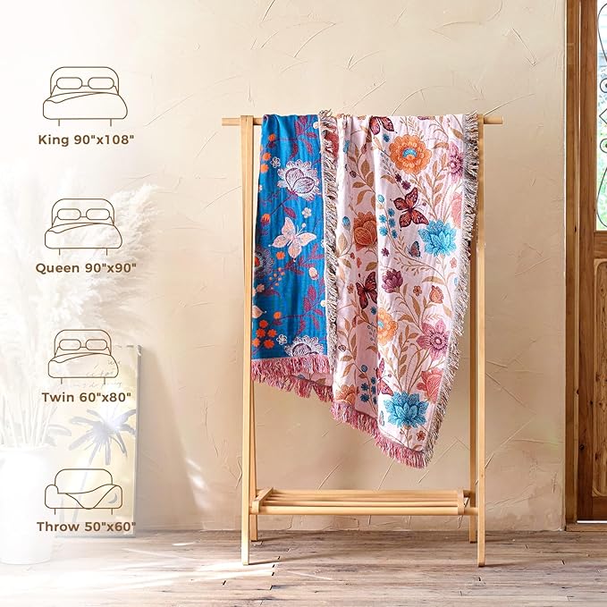 LUTBM Boho Throw Blanket for Couch Sofa Chair Cotton Spring Blankets for Bedroom Living Room All Season Soft Lightweight Reversible Floral Butterfly Embroidery Decorative Throws 50"x60" Home Decor