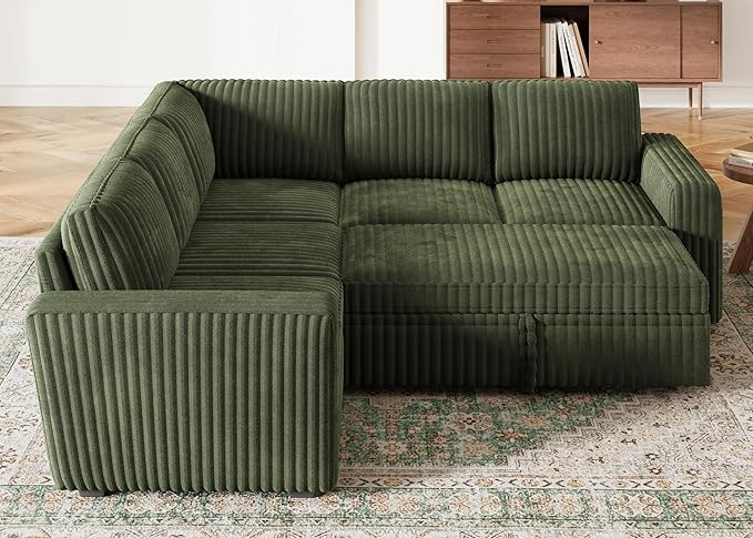 HONBAY Modular Sectional Sleeper Sofa with Pull Out Bed,Corduroy L Shaped Couch with Storage, Sectional Couches for Living Room,Green
