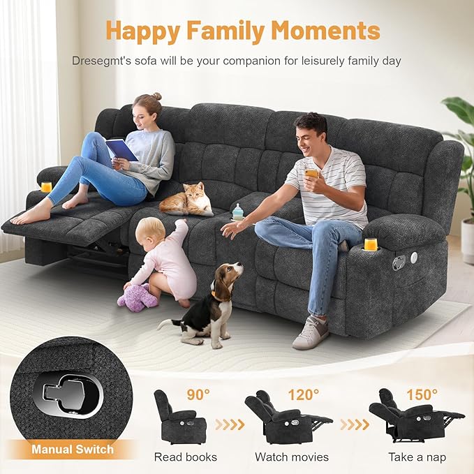 Recliner Sofa Set with Storage Console, Flip Middle Backrest Design 3 Seater Reclining Sofa and 2PC Single Recliner Chair, Manual Couches for Living Room (Gray, 3 Seat+Console+1+1)