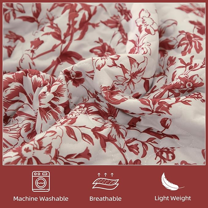WONGS BEDDING Quilt King Size, Christmas Red Quilt Bedding Set with 2 Pillowcases, Botanical Quilt for King Bed, Soft Microfiber Lightweight Coverlet Bedspread for All Season (110"×90", 3 Pieces)