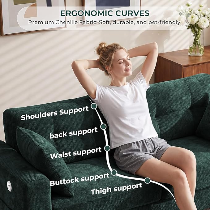 70" Loveseat Sofa for Living Room, Modern Chenille Cloud Couch with USB/Type-C Charging Ports, Side Pockets, Removable Cover, Wide Armrests, Small Couch for Small Space, Easy Assembly, Green